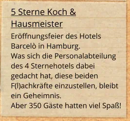 5 Sterne Koch & Hausmeister Eröffnungsfeier des Hotels Barcelò in Hamburg.Was sich die Personalabteilung des 4 Sternehotels dabei gedacht hat, diese beiden F(l)achkräfte einzustellen, bleibt ein Geheimnis. Aber 350 Gäste hatten viel Spaß!