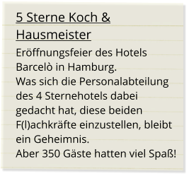 5 Sterne Koch & Hausmeister Eröffnungsfeier des Hotels Barcelò in Hamburg.Was sich die Personalabteilung des 4 Sternehotels dabei gedacht hat, diese beiden F(l)achkräfte einzustellen, bleibt ein Geheimnis. Aber 350 Gäste hatten viel Spaß!